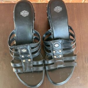 Womens Harley Davidson Black Leather Open Toe Sandals Block Heel Size 7.5